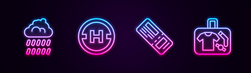 Set line Cloud with rain, Helicopter landing pad, Airline ticket and Suitcase. Glowing neon icon. Vector