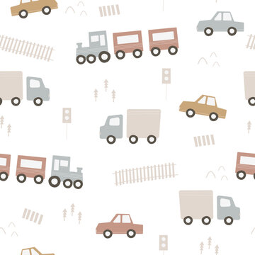 Hand drawn train, truck and car. Seamless baby pattern with transport. Toy cars in the Boho style. Kids cute print in pastel colors. Trendy vector illustration. Nursery design.