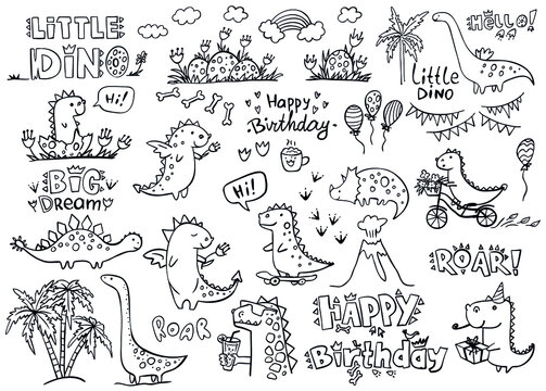 Set of cute dinosaurs and lettering Happy Birthday, roar,  Hello, Big Dream, little dino isolated on white. Vector illustration. Perfect for print, coloring book, greeting card.
