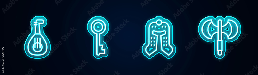 Sticker Set line Lute, Old key, Medieval helmet and poleaxe. Glowing neon icon. Vector