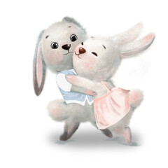 Cute cartoon hares couple hugs