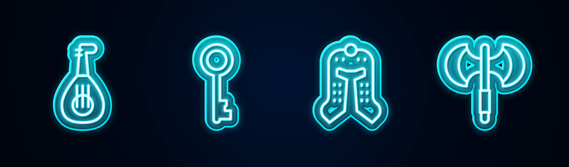 Set line Lute, Old key, Medieval helmet and poleaxe. Glowing neon icon. Vector