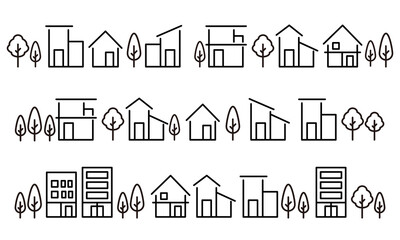 シンプルな家や街並みの線のアイコンセット