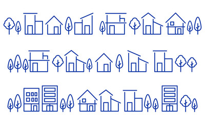 シンプルな家や街並みの線のアイコンセット