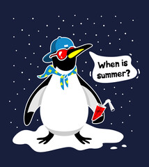 A penguin in a cap and glasses with a cocktail is waiting for summer, standing on a snowdrift during a snowfall. Vector illustration. T-shirt print.