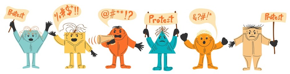 Protesting persons with megaphone, placards and banners. Concept of revolution or protest. Cartoon abstract characters. Geometric shapes. Vector illustration