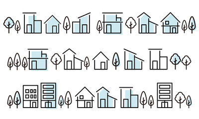 シンプルな家や街並みの線の塗りがあるアイコンセット