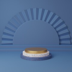 Minimslism 3D display podium pastel buel with pastel pink and gold background.