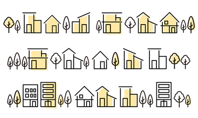シンプルな家や街並みの線の塗りがあるアイコンセット