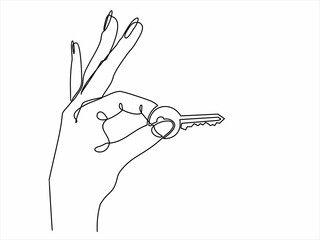 Continuous line drawing. The hand holds the key to the car or apartment. Lines black on white background.