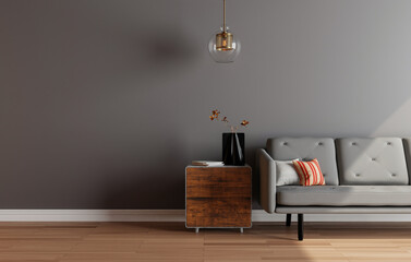 Mockup wall with armchair in living room with a gray wall..modern living room with sofa. scandinavian interior design furniture..sofa chair and plants with gray wall. copy space. 3D rendering.