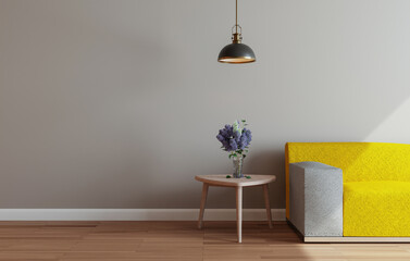 Mockup wall with armchair in living room with a gray wall..modern living room with sofa. scandinavian interior design furniture..sofa chair and plants with gray wall. copy space. 3D rendering.