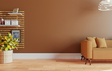 minimal interior style poster Mock up the living room wall in brown with modern sofa and decorations in the living room...copy space. 3D rendering.