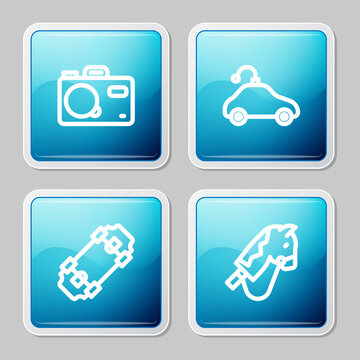 Set line Photo camera, Radio controlled car toy, Skateboard and Toy horse icon. Vector