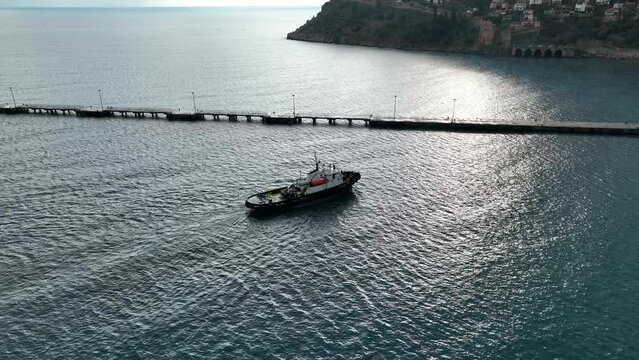 Tugboat to mooring Aerial View 4 K Turkey Alanya