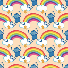 Monkey Star Rainbow Cloud Seamless Pattern