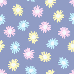 Seamless Pattern with Multicolored Flowers on a Blue Background