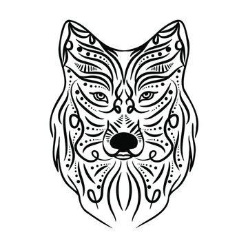 Stylized drawing of a wolf's head, ornament, coloring book. Decorative design of black and white wolf tattoo, decorative style. wolf's head. Illustration of a wolf, animals, logo, mascot, symbols.