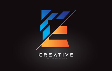 Sliced Letter E Logo Icon Design with Blue and Orange Colors and Cut Slices