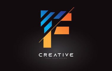 Sliced Letter F Logo Icon Design with Blue and Orange Colors and Cut Slices