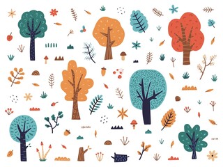 hand drawn forest collection isolated on white background, autumn and woodland. vector illustration