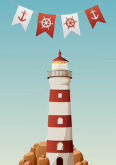 Lighthouse, red flags with anchor and ship's rudder. Vector illustration, cartoon style. Building for navigational aid for seafarers at sea. For greeting card, banner, poster, flyer