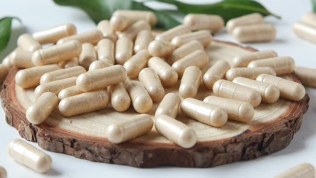 top view of herbal medicine capsule dropping on white 