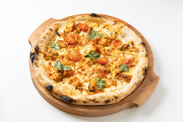 tom yam pizza on a white background