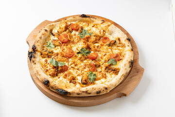 tom yam pizza on a white background