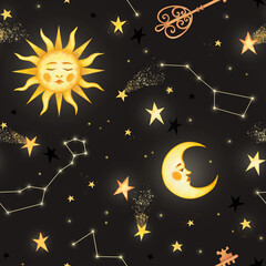 Watercolor seamless pattern of the night starry sky. The concept of space. Space, sun, moon, stars, constellations, shooting star. Drawing for fabric on the theme of magic