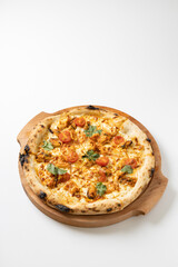 tom yam pizza on a white background