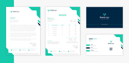 Green Corporate Stationery design set, Letterhead template, invoice design and business card bundle 