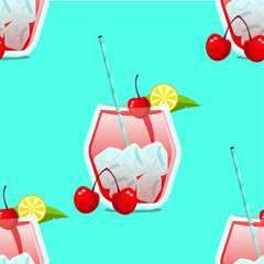 Red cherry cocktail seamless pattern background with cocktail glasses and blue hawaii background, CMYK color EPS flie.