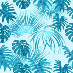 Fototapeta na wymiar Blue seamless pattern with monstera and tropical leaves of palm tree. Jungle vector background for fabric, wallpaper