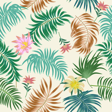 Vector tropical jungle seamless pattern with palm trees leaves and flowers, background for wedding,quotes, Birthday and invitation cards,greeting cards, print, blogs