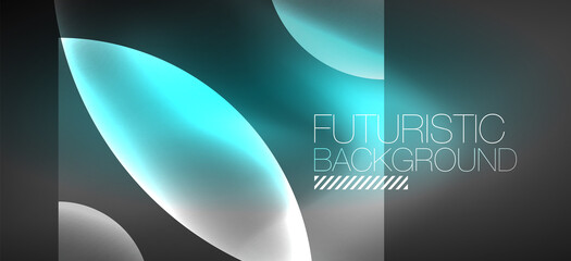 Abstract background with neon glowing light effects. Round shapes, triangles and circles. Wallpaper for concept of AI technology, blockchain, communication, 5G, science, business and technology