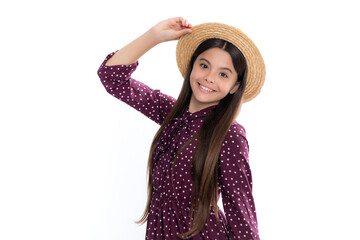 Portrait of happy smiling teenage child girl. Children studio portrait on white background. Childhood lifestyle concept. Cute teenage girl face close up.