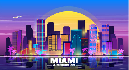 Naklejka premium Miami Florida night city skyline. Vector Illustration. Business travel and tourism concept with modern buildings. Image for banner or web site.