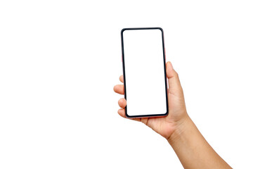 The hand is holding the white screen, the mobile phone is isolated on a white background with the...