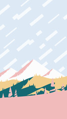 Spring at mountains, flat design vertical poster. Warm sunset over the pink hills artwork, stories 9x16 vector illustration. 