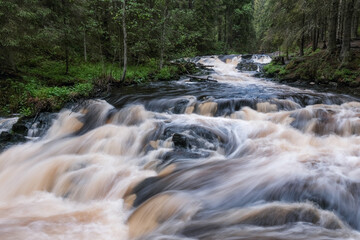 Long exposure shot of rapid on Ijjoki river on cloudy summer day. Waterfalls valley park, Karelia, Russia.