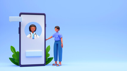 3D Render Of Patient Talking To Doctor Through Smartphone On Glossy Blue Background.
