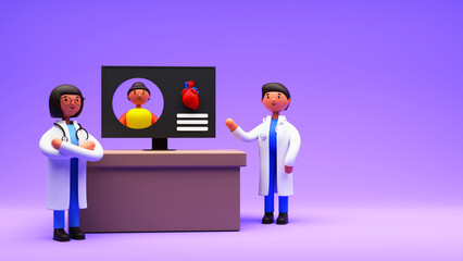 Fototapeta na wymiar 3D Render Of Doctor Giving Online Consultation To Patient On Gradient Purple Background.