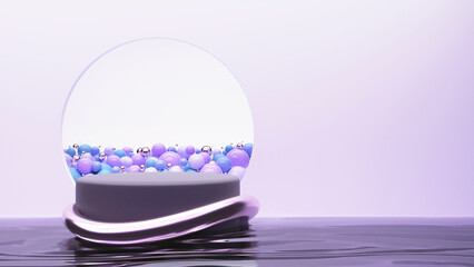 3D Render Of Empty Podium With Glossy Balls Inside Circular Frame Against River Background.