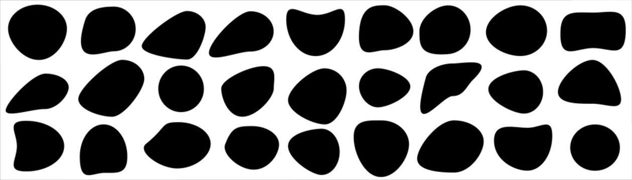 Set of different blotch shapes. Random abstract liquid shapes, round abstract organic elements. Pebble, drops and blobs silhouettes. Simple rounded shapes. Vector illustration
