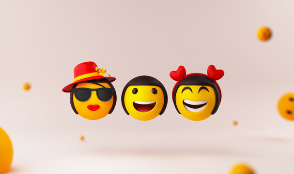 3D Render Of Female Emoticon Emojies Against Glossy Background.