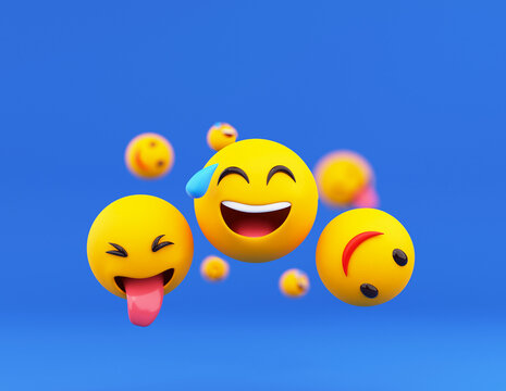 3D Emoticon Emojies With Blur Effect On Blue Background.