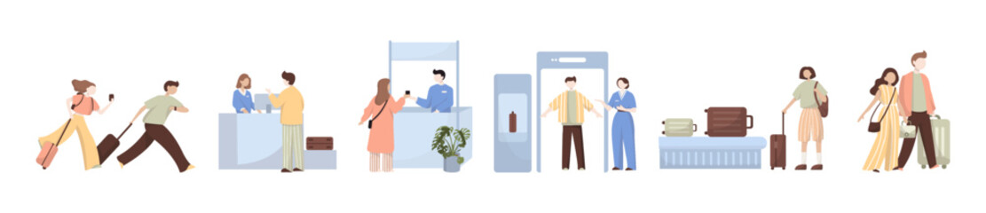 People in airport flat color icons set of pilot stewardess tourists with travel bags at checkpoint and security screening. Passport control, luggage, security, check. Isolated vector illustration