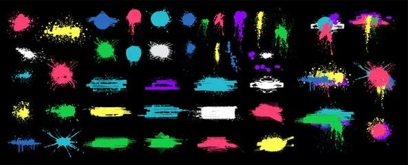  Color paint splatter. Color inked splatter stain splattered spray splash. Spray paint elements isolated on black Background. Drips multicolored ink splatters, Ink blots set. Isolated illustration © ZinetroN