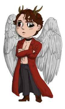 Digital illustration of a chibi standing demon with angel wings